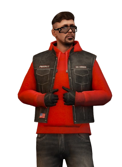 Portrait du repreneur, en gilet de cuir et sweat rouge